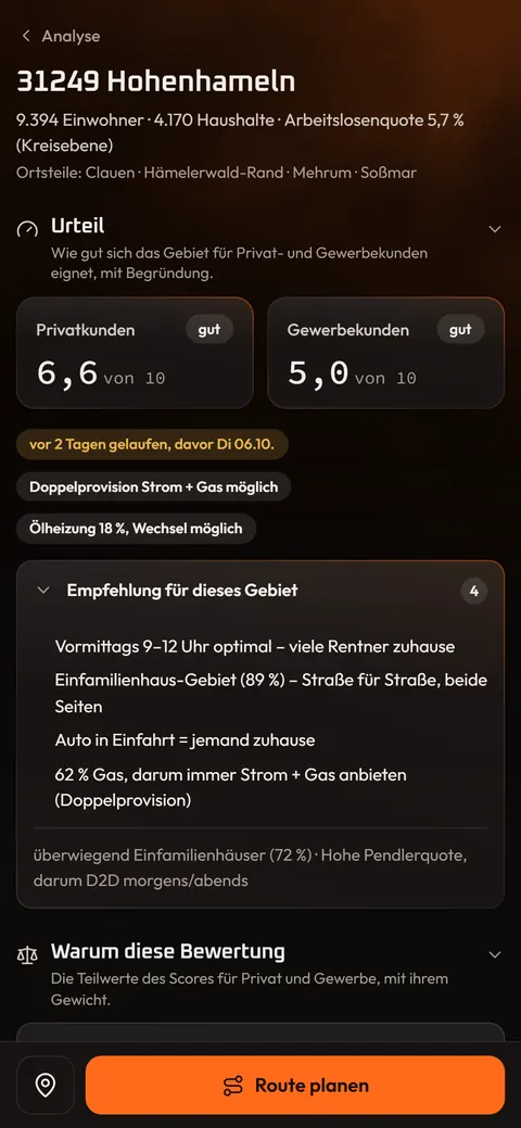 Die App am Handy: Urteil zur PLZ 31249 Hohenhameln mit Score für Privat- und Gewerbekunden und einer Empfehlung für das Gebiet
