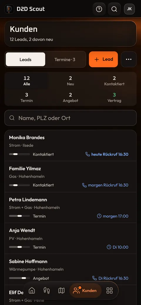 Die App am Handy: Kundenliste mit Stufen von Neu bis Vertrag, Rückrufen und Terminen