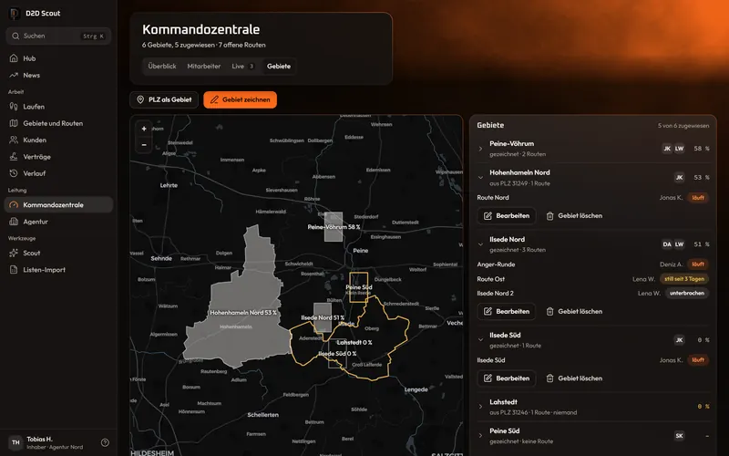 Die App am Computer: Gebiete auf der Karte mit Zuständigen, zugewiesenen Routen und wie weit jedes Gebiet gelaufen ist