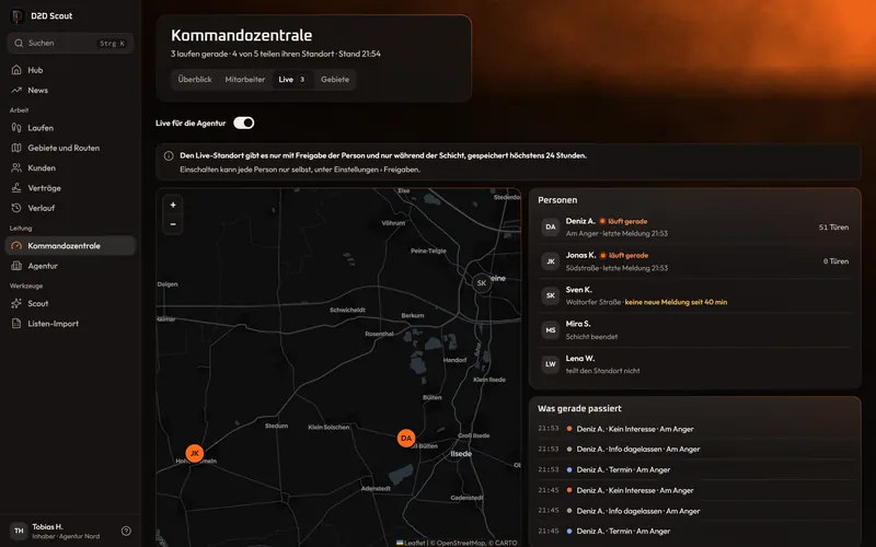 Die App am Computer: Karte mit den Mitarbeitern, die gerade laufen und ihren Standort teilen, daneben die Türergebnisse der laufenden Schichten